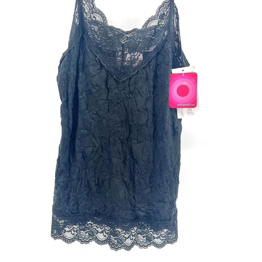 NWT Vintage Xhilaration Lace Trim Crinkle Cami Tank Top Size Large Black 90s Y2K